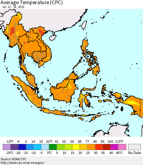 South East Asia Average Temperature (CPC) Thematic Map For 7/12/2021 - 7/18/2021