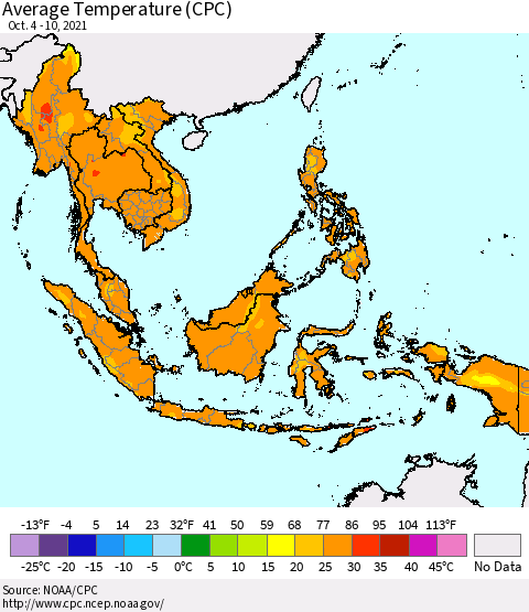 South East Asia Average Temperature (CPC) Thematic Map For 10/4/2021 - 10/10/2021