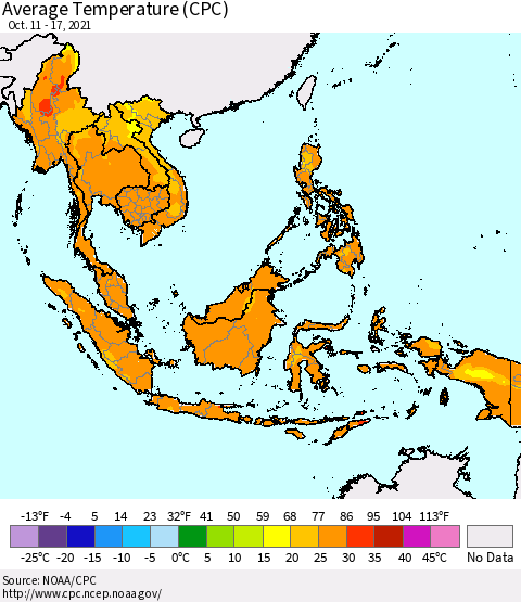 South East Asia Average Temperature (CPC) Thematic Map For 10/11/2021 - 10/17/2021