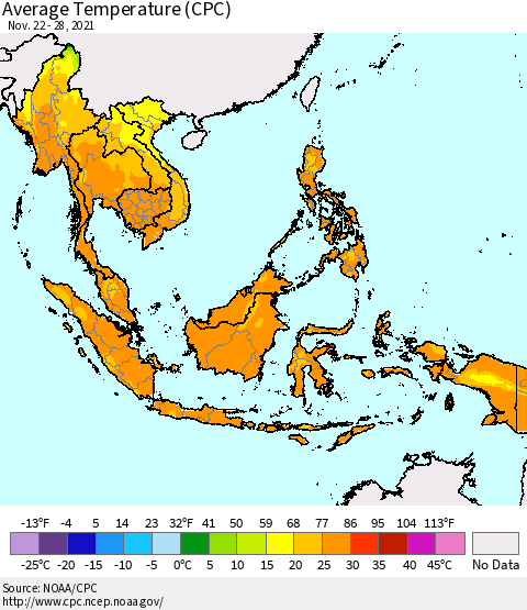 South East Asia Average Temperature (CPC) Thematic Map For 11/22/2021 - 11/28/2021