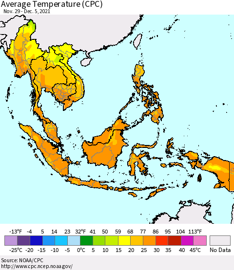 South East Asia Average Temperature (CPC) Thematic Map For 11/29/2021 - 12/5/2021