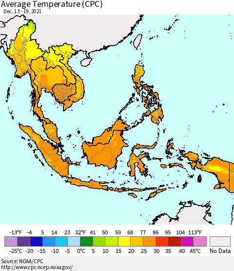 South East Asia Average Temperature (CPC) Thematic Map For 12/13/2021 - 12/19/2021