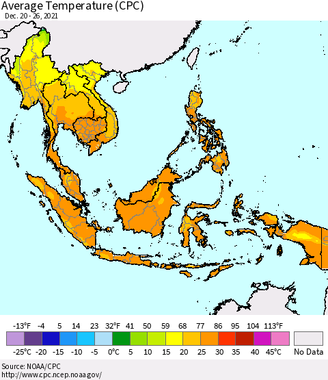 South East Asia Average Temperature (CPC) Thematic Map For 12/20/2021 - 12/26/2021