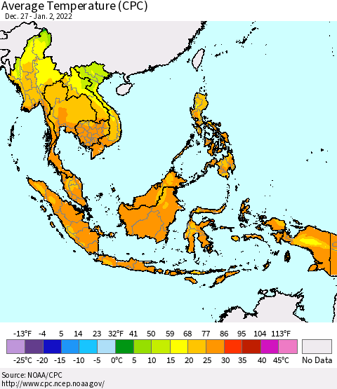 South East Asia Average Temperature (CPC) Thematic Map For 12/27/2021 - 1/2/2022