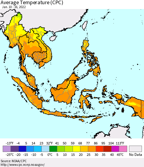 South East Asia Average Temperature (CPC) Thematic Map For 1/10/2022 - 1/16/2022
