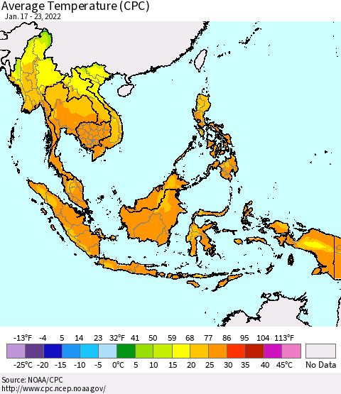 South East Asia Average Temperature (CPC) Thematic Map For 1/17/2022 - 1/23/2022