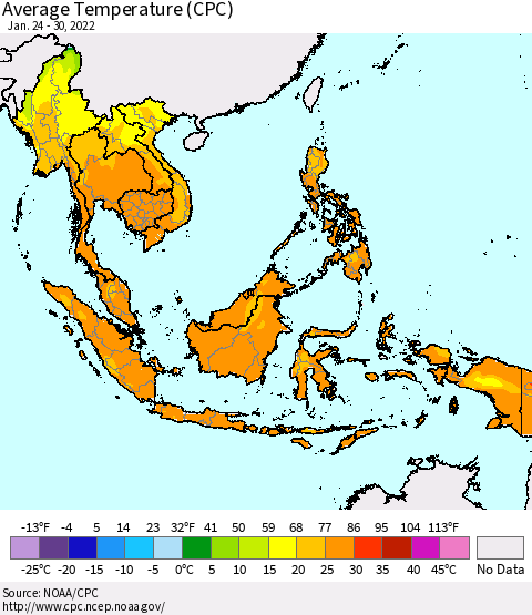 South East Asia Average Temperature (CPC) Thematic Map For 1/24/2022 - 1/30/2022