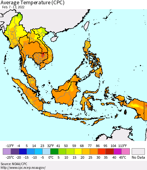 South East Asia Average Temperature (CPC) Thematic Map For 2/7/2022 - 2/13/2022