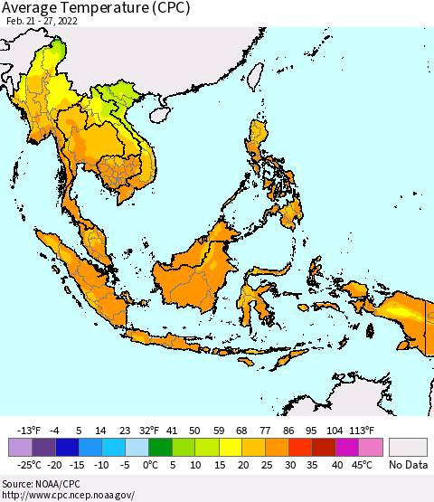 South East Asia Average Temperature (CPC) Thematic Map For 2/21/2022 - 2/27/2022