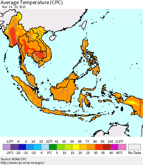 South East Asia Average Temperature (CPC) Thematic Map For 3/14/2022 - 3/20/2022