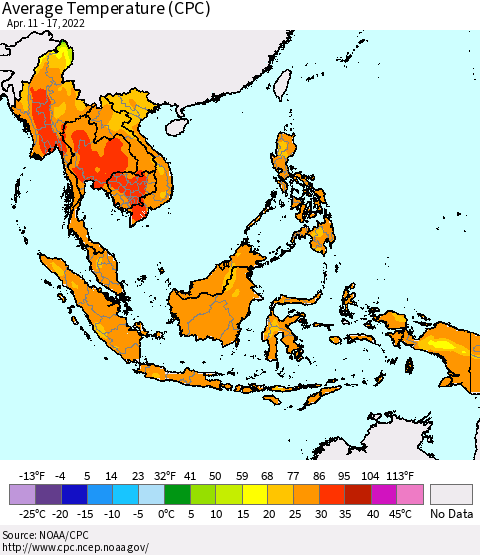 South East Asia Average Temperature (CPC) Thematic Map For 4/11/2022 - 4/17/2022