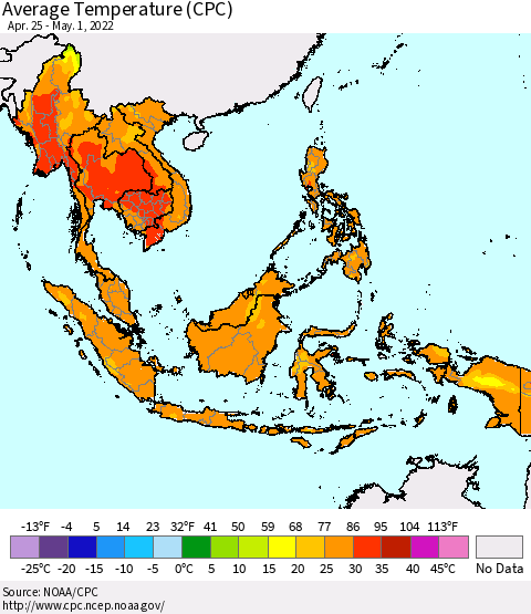 South East Asia Average Temperature (CPC) Thematic Map For 4/25/2022 - 5/1/2022