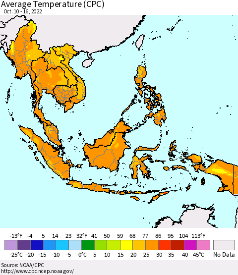 South East Asia Average Temperature (CPC) Thematic Map For 10/10/2022 - 10/16/2022