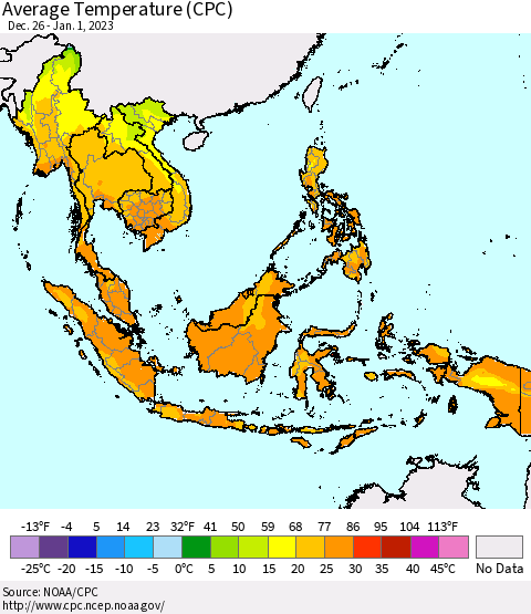 South East Asia Average Temperature (CPC) Thematic Map For 12/26/2022 - 1/1/2023