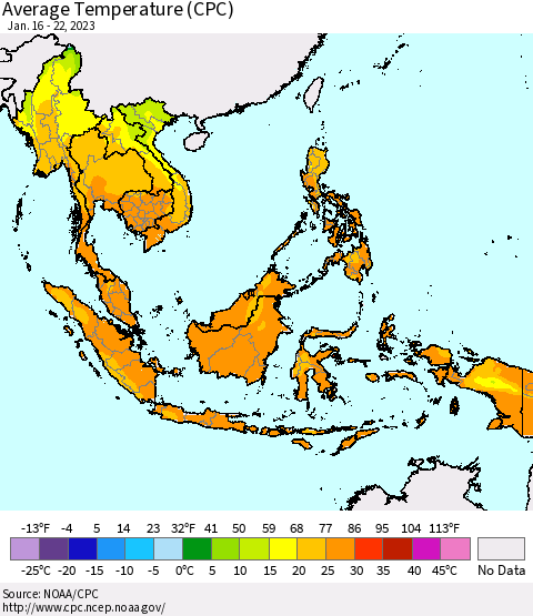 South East Asia Average Temperature (CPC) Thematic Map For 1/16/2023 - 1/22/2023