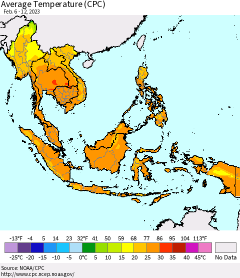South East Asia Average Temperature (CPC) Thematic Map For 2/6/2023 - 2/12/2023