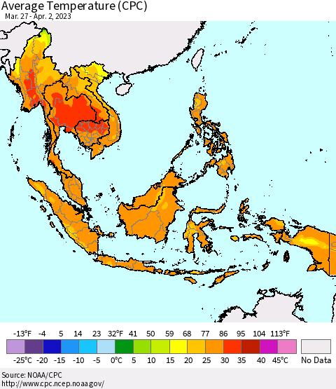 South East Asia Average Temperature (CPC) Thematic Map For 3/27/2023 - 4/2/2023