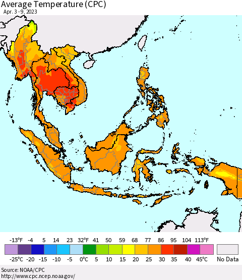 South East Asia Average Temperature (CPC) Thematic Map For 4/3/2023 - 4/9/2023