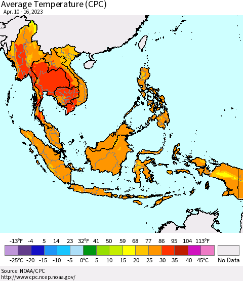 South East Asia Average Temperature (CPC) Thematic Map For 4/10/2023 - 4/16/2023