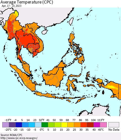 South East Asia Average Temperature (CPC) Thematic Map For 4/17/2023 - 4/23/2023