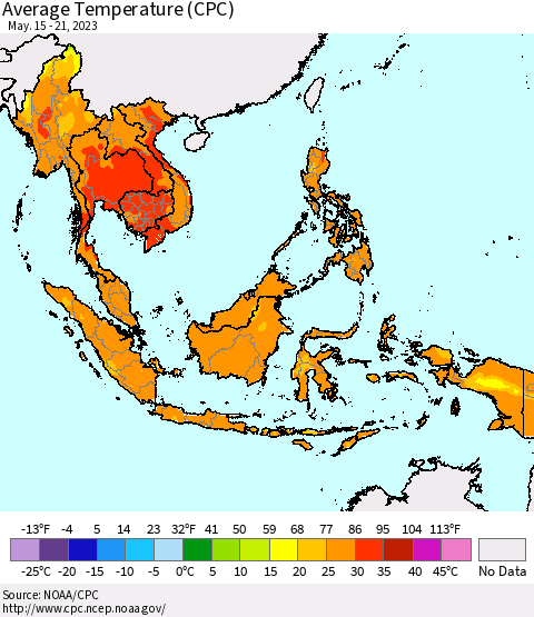 South East Asia Average Temperature (CPC) Thematic Map For 5/15/2023 - 5/21/2023