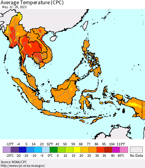 South East Asia Average Temperature (CPC) Thematic Map For 5/22/2023 - 5/28/2023