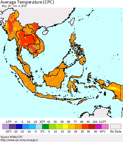 South East Asia Average Temperature (CPC) Thematic Map For 5/29/2023 - 6/4/2023