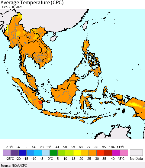 South East Asia Average Temperature (CPC) Thematic Map For 10/2/2023 - 10/8/2023