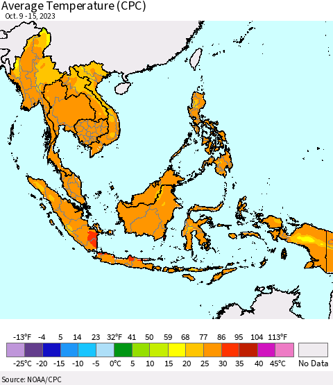 South East Asia Average Temperature (CPC) Thematic Map For 10/9/2023 - 10/15/2023