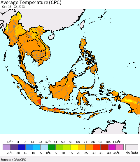 South East Asia Average Temperature (CPC) Thematic Map For 10/16/2023 - 10/22/2023