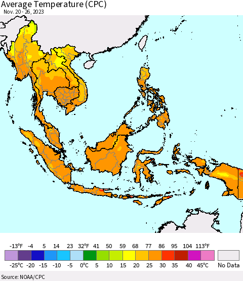 South East Asia Average Temperature (CPC) Thematic Map For 11/20/2023 - 11/26/2023