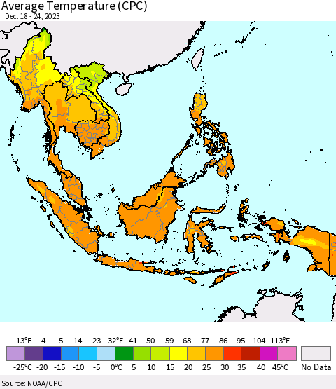 South East Asia Average Temperature (CPC) Thematic Map For 12/18/2023 - 12/24/2023