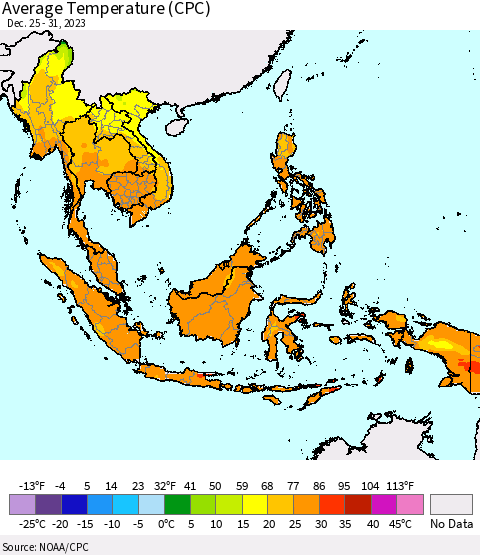 South East Asia Average Temperature (CPC) Thematic Map For 12/25/2023 - 12/31/2023
