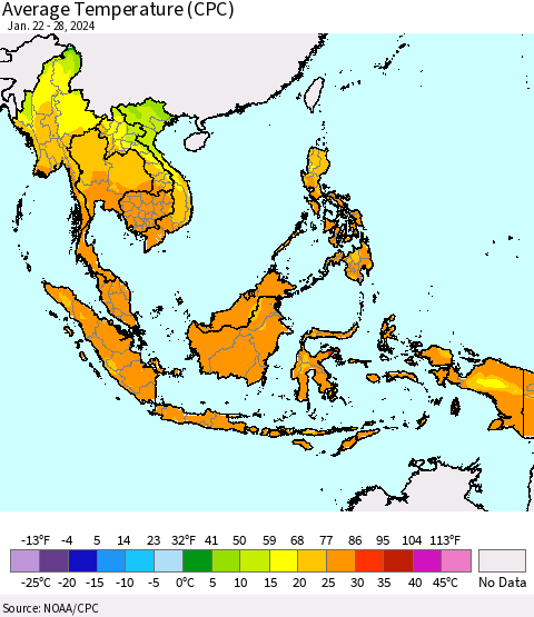 South East Asia Average Temperature (CPC) Thematic Map For 1/22/2024 - 1/28/2024