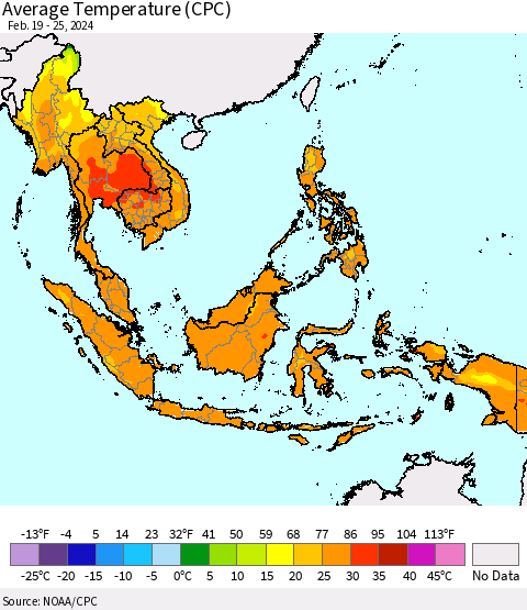 South East Asia Average Temperature (CPC) Thematic Map For 2/19/2024 - 2/25/2024
