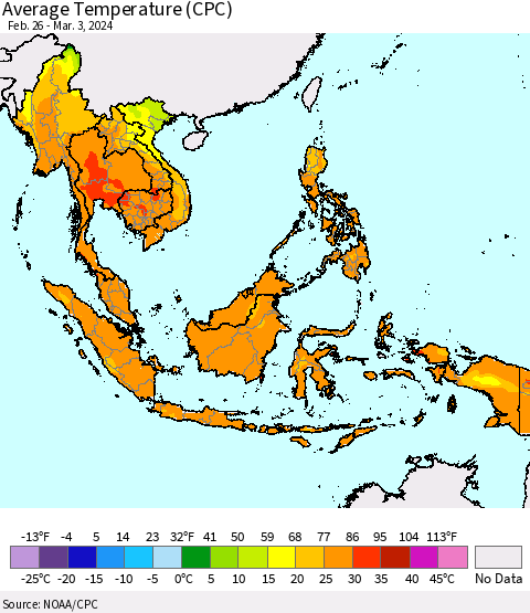 South East Asia Average Temperature (CPC) Thematic Map For 2/26/2024 - 3/3/2024