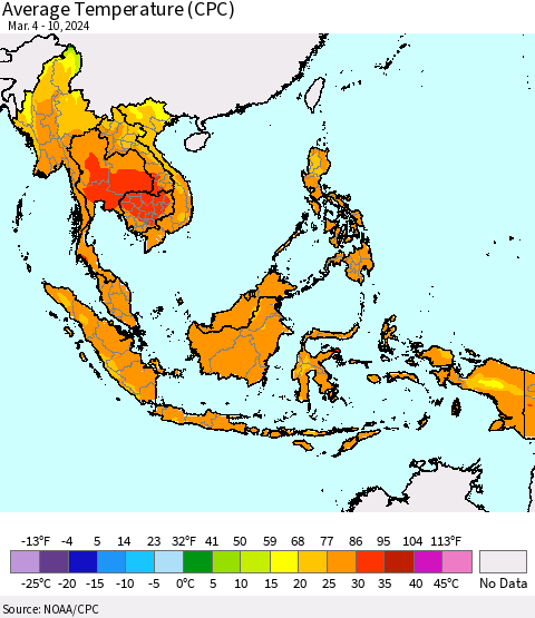 South East Asia Average Temperature (CPC) Thematic Map For 3/4/2024 - 3/10/2024