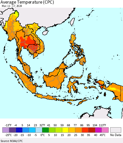 South East Asia Average Temperature (CPC) Thematic Map For 3/11/2024 - 3/17/2024