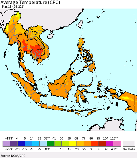 South East Asia Average Temperature (CPC) Thematic Map For 3/18/2024 - 3/24/2024