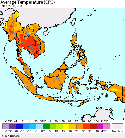 South East Asia Average Temperature (CPC) Thematic Map For 3/25/2024 - 3/31/2024