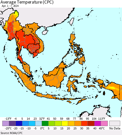 South East Asia Average Temperature (CPC) Thematic Map For 4/1/2024 - 4/7/2024