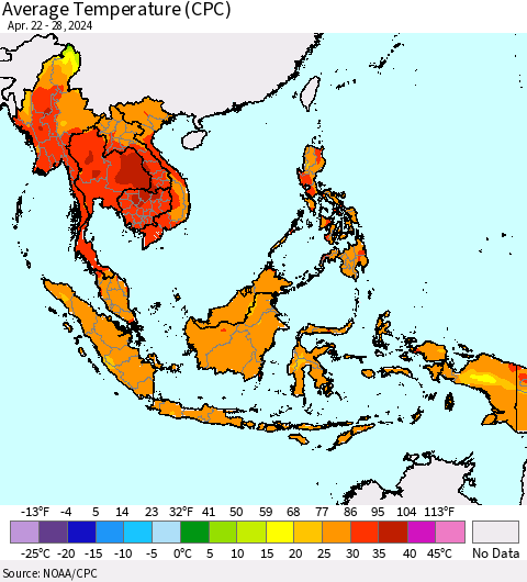 South East Asia Average Temperature (CPC) Thematic Map For 4/22/2024 - 4/28/2024