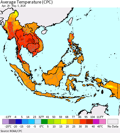 South East Asia Average Temperature (CPC) Thematic Map For 4/29/2024 - 5/5/2024