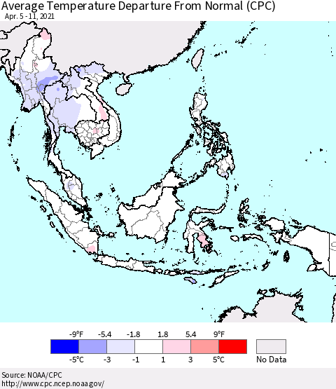 South East Asia Average Temperature Departure from Normal (CPC) Thematic Map For 4/5/2021 - 4/11/2021