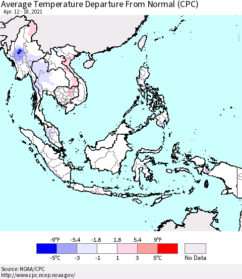 South East Asia Average Temperature Departure from Normal (CPC) Thematic Map For 4/12/2021 - 4/18/2021