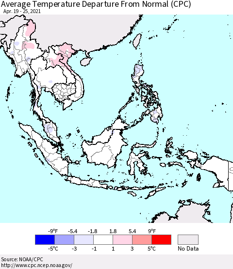 South East Asia Average Temperature Departure from Normal (CPC) Thematic Map For 4/19/2021 - 4/25/2021