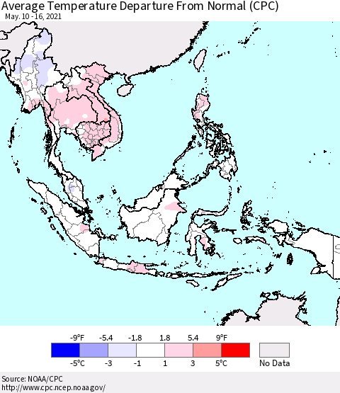 South East Asia Average Temperature Departure from Normal (CPC) Thematic Map For 5/10/2021 - 5/16/2021