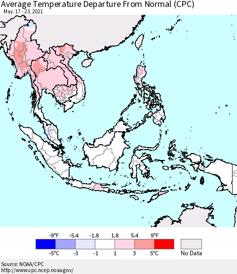 South East Asia Average Temperature Departure from Normal (CPC) Thematic Map For 5/17/2021 - 5/23/2021
