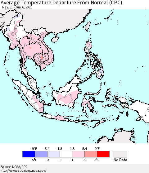 South East Asia Average Temperature Departure from Normal (CPC) Thematic Map For 5/31/2021 - 6/6/2021