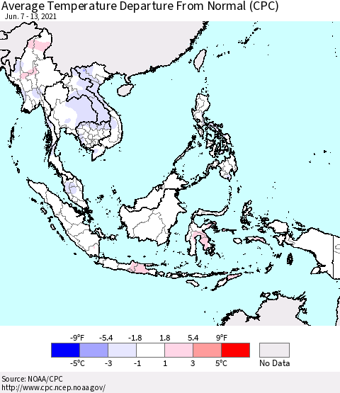 South East Asia Average Temperature Departure from Normal (CPC) Thematic Map For 6/7/2021 - 6/13/2021